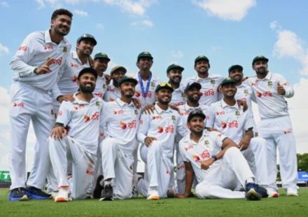 Bangladesh cricket team celebrates after a historic Test victory over Australia in Darwin, Australia