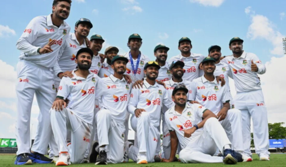 Bangladesh cricket team celebrates after a historic Test victory over Australia in Darwin, Australia