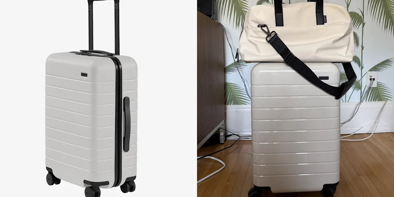 Minimalist carry on suitcase beside matching travel bag highlighting efficient cabin luggage. Now!OK
