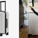 Minimalist carry on suitcase beside matching travel bag highlighting efficient cabin luggage. Now!OK