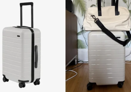 Minimalist carry on suitcase beside matching travel bag highlighting efficient cabin luggage. Now!OK