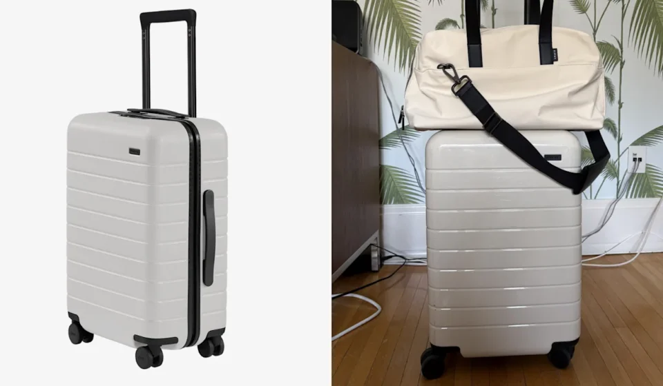 Minimalist carry on suitcase beside matching travel bag highlighting efficient cabin luggage. Now!OK