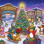 Club Penguin Journey penguins gather around a festive Christmas tree in a snowy carnival town scene.