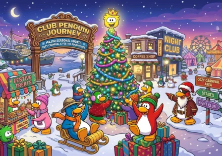 Club Penguin Journey penguins gather around a festive Christmas tree in a snowy carnival town scene.