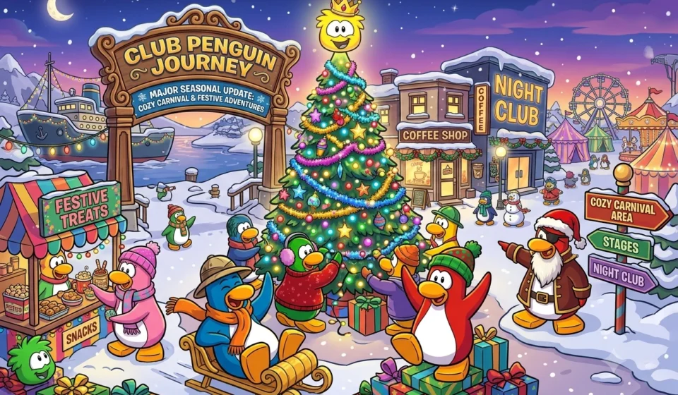 Club Penguin Journey Launches Major Seasonal Update Club Penguin Journey penguins gather around a festive Christmas tree in a snowy carnival town scene.