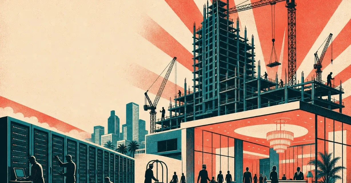 Illustration of a data center, hotel lobby, and skyscraper under construction against an orange sky