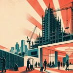 Illustration of a data center, hotel lobby, and skyscraper under construction against an orange sky