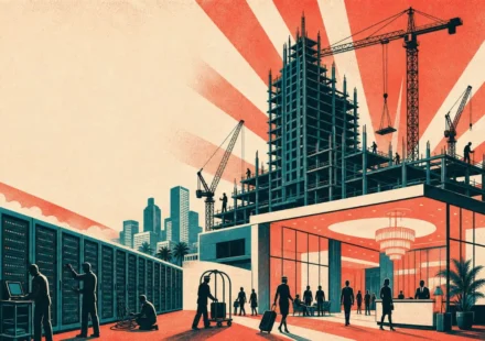 Illustration of a data center, hotel lobby, and skyscraper under construction against an orange sky