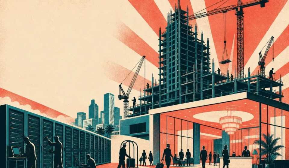 Illustration of a data center, hotel lobby, and skyscraper under construction against an orange sky
