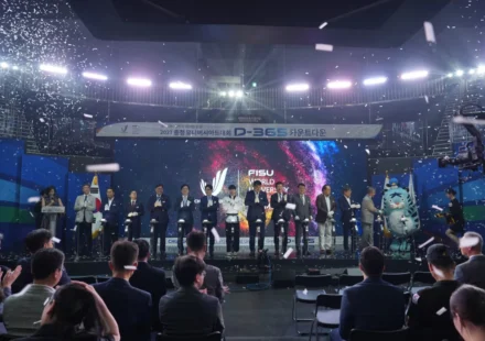 Officials celebrate the 2027 World University Games one year countdown at Daejeon Dream Arena stage.