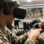 Military personnel use virtual reality headsets and controllers during immersive tactical combat training simulation.