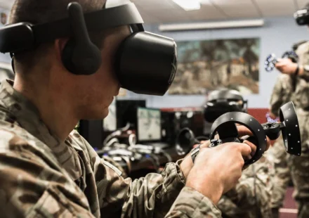 Military personnel use virtual reality headsets and controllers during immersive tactical combat training simulation.