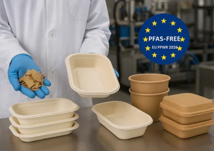 Scientist examines PFAS free food containers and packaging under new EU PPWR rules in a lab setting.