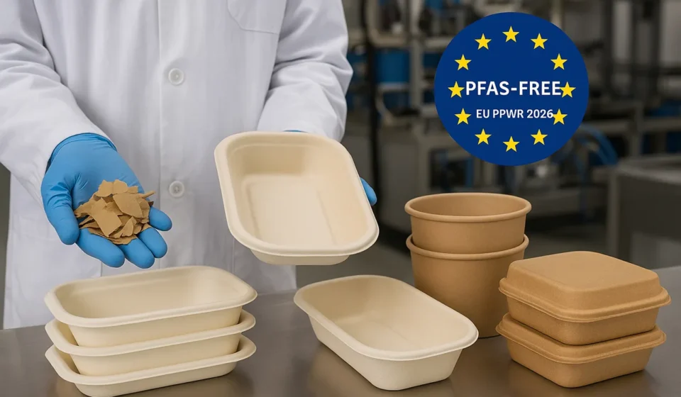 Scientist examines PFAS free food containers and packaging under new EU PPWR rules in a lab setting.