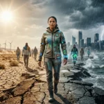 Woman in smart eco textile clothing walks through a landscape shaped by extreme heat and stormy weather.