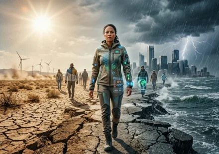 Woman in smart eco textile clothing walks through a landscape shaped by extreme heat and stormy weather.