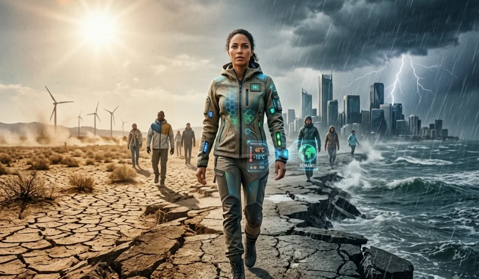 Woman in smart eco textile clothing walks through a landscape shaped by extreme heat and stormy weather.