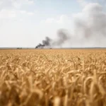 Golden wheat fields stretch beneath a hazy sky, with smoke rising on the distant horizon in summer.