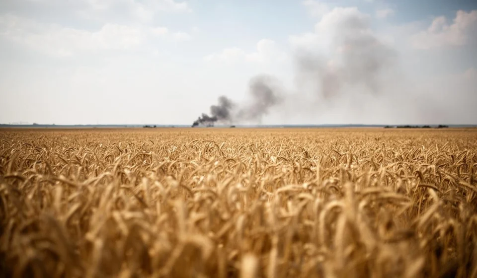 Golden wheat fields stretch beneath a hazy sky, with smoke rising on the distant horizon in summer.