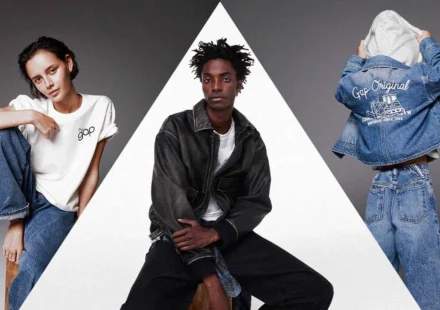 Gap models wearing casual denim and logo apparel in studio for Gap brand fashion campaign and expansion launch