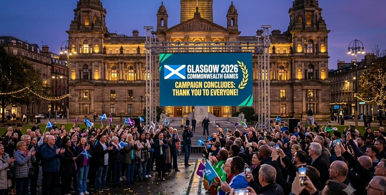 Crowd celebrates Glasgow 2026 Commonwealth Games campaign conclusion in George Square at dusk. Joy!!