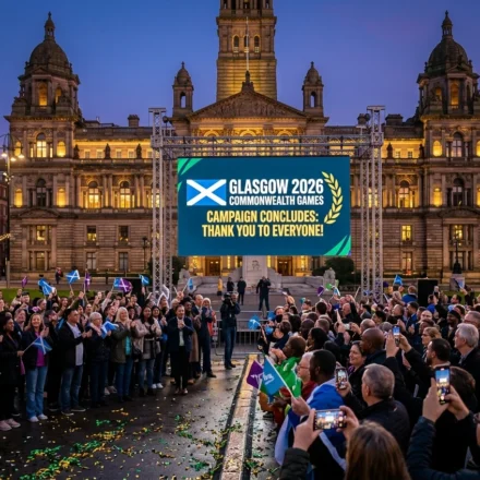 Crowd celebrates Glasgow 2026 Commonwealth Games campaign conclusion in George Square at dusk. Joy!!