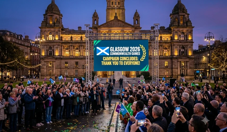 Glasgow 2026 Commonwealth Games Campaign Concludes Crowd celebrates Glasgow 2026 Commonwealth Games campaign conclusion in George Square at dusk. Joy!!