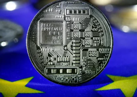 Digital coin on the European Union flag symbolizing central bank digital currency coordination talks