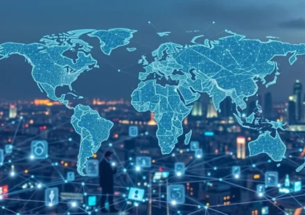 Glowing digital world map over a connected city skyline, symbolizing global data privacy and policy.