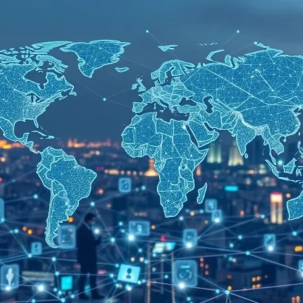 Glowing digital world map over a connected city skyline, symbolizing global data privacy and policy.