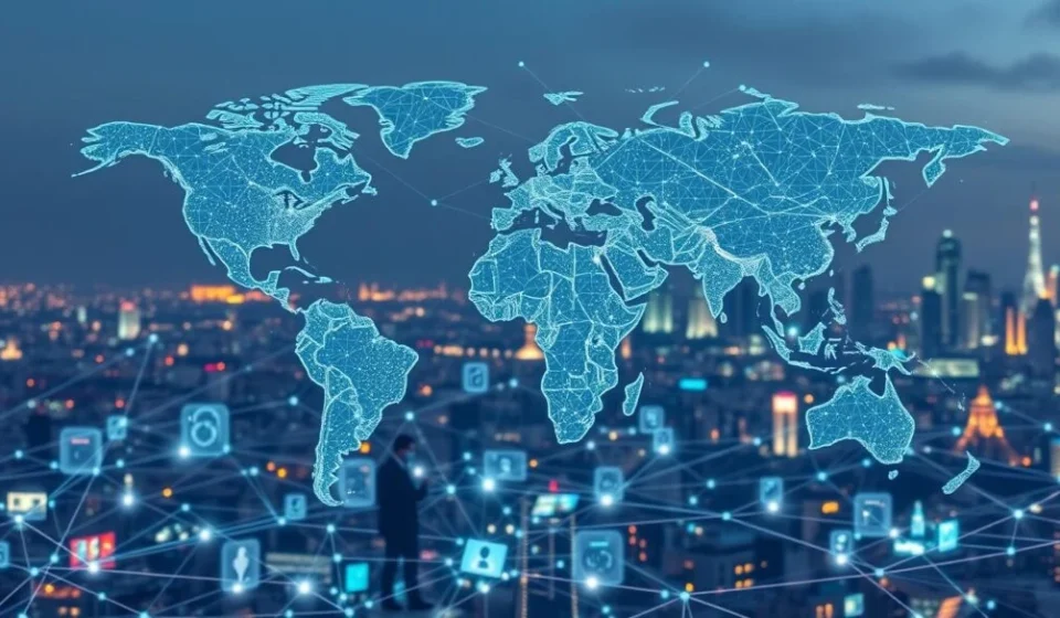 Global Data Pact Imposes Cross-Border Algorithmic Transparency Rules Glowing digital world map over a connected city skyline, symbolizing global data privacy and policy.