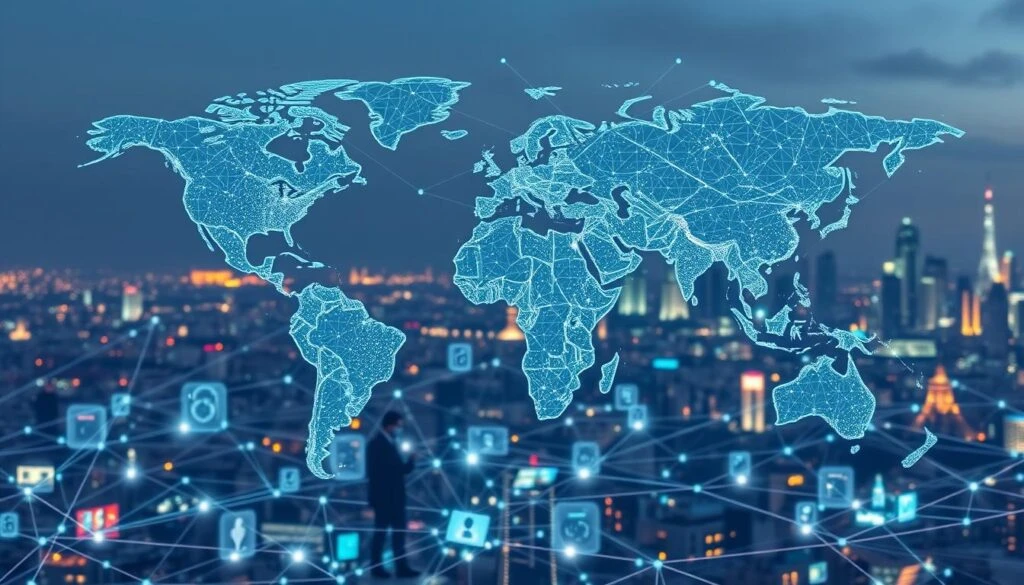 Glowing digital world map over a connected city skyline, symbolizing global data privacy and policy.
