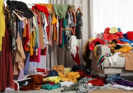 Clothing fills racks and piles in a crowded room, highlighting fashion waste and excess production.