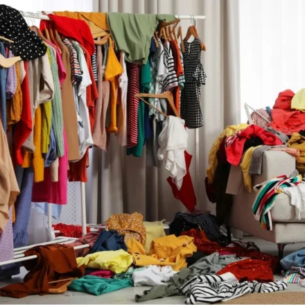 Clothing fills racks and piles in a crowded room, highlighting fashion waste and excess production.