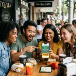 Friends use a food app for Friendship Day meal deals while dining together at a busy restaurant. hub