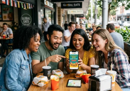 Friends use a food app for Friendship Day meal deals while dining together at a busy restaurant. hub