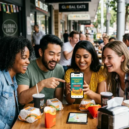 Friends use a food app for Friendship Day meal deals while dining together at a busy restaurant. hub