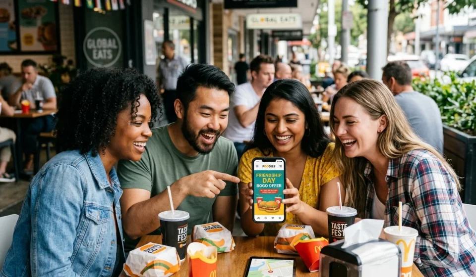 Friends use a food app for Friendship Day meal deals while dining together at a busy restaurant. hub
