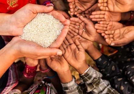 People reach out with empty hands toward a bowl of rice, highlighting hunger and food insecurity.