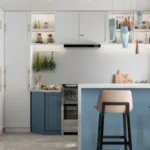 Modern compact apartment kitchen with smart storage, modular cabinetry, breakfast bar, and space saving design.