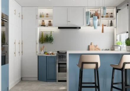 Modern compact apartment kitchen with smart storage, modular cabinetry, breakfast bar, and space saving design.