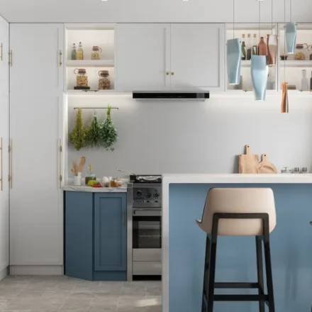 Modern compact apartment kitchen with smart storage, modular cabinetry, breakfast bar, and space saving design.