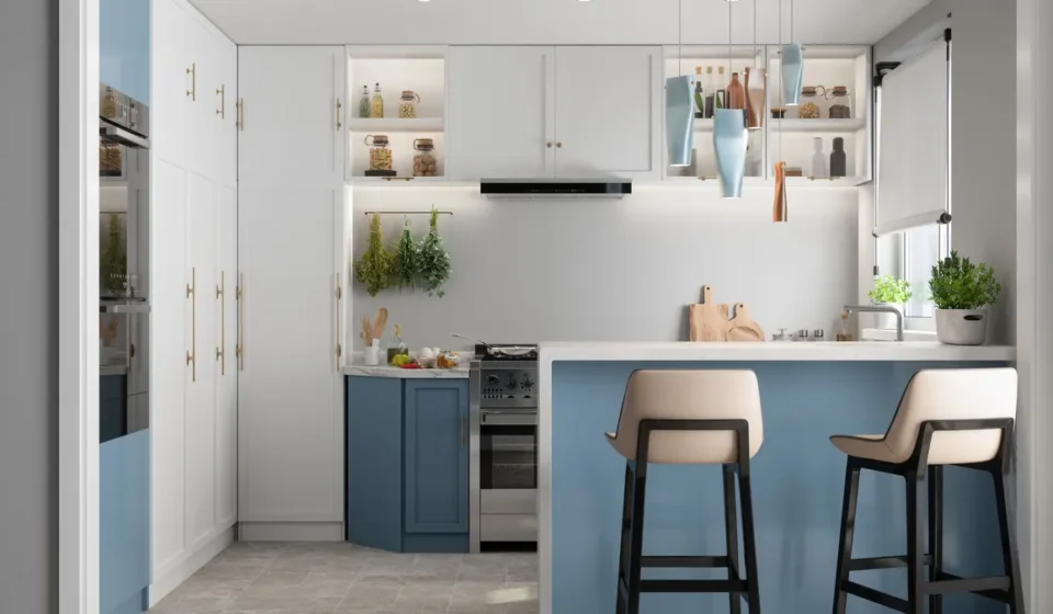 Modern compact apartment kitchen with smart storage, modular cabinetry, breakfast bar, and space saving design.