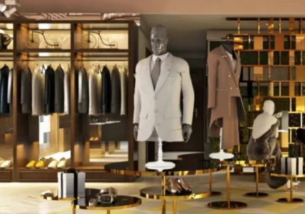 Luxury fashion boutique showcasing tailored suits, elegant apparel, shoes, and premium lifestyle displays.