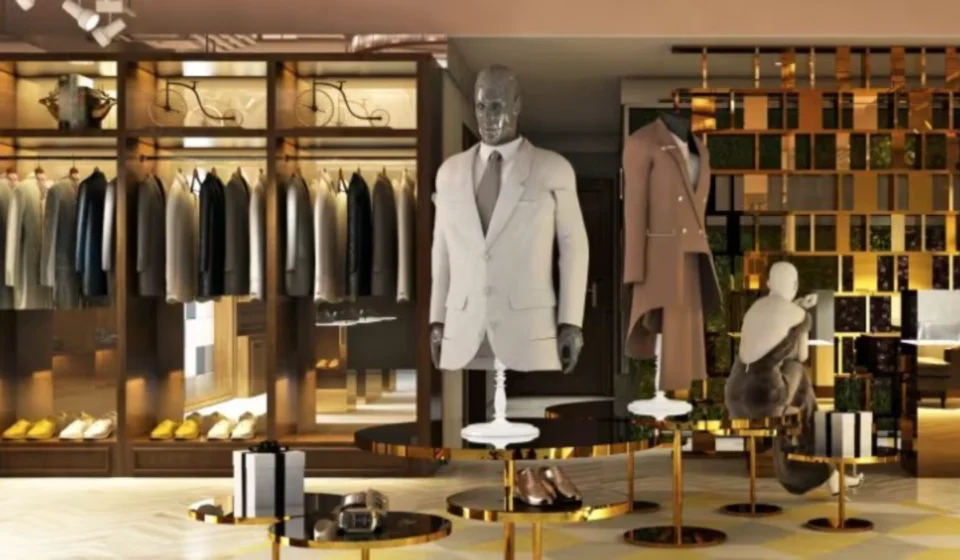 Global Luxury Fashion Industry Projected to Reach $180 Billion Luxury fashion boutique showcasing tailored suits, elegant apparel, shoes, and premium lifestyle displays.