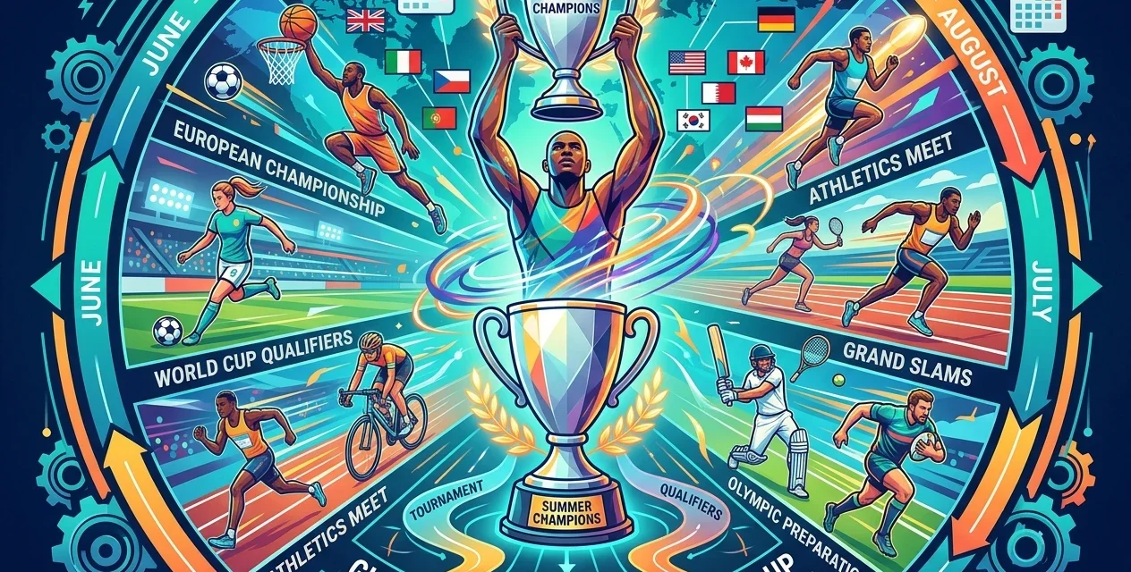 Illustration of global sports calendars with athletes, trophies, tournaments, qualifiers, and event.