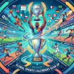 Illustration of global sports calendars with athletes, trophies, tournaments, qualifiers, and event.