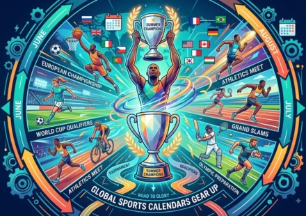 Illustration of global sports calendars with athletes, trophies, tournaments, qualifiers, and event.