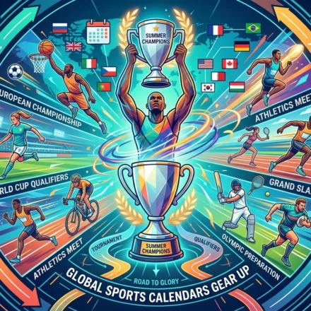 Illustration of global sports calendars with athletes, trophies, tournaments, qualifiers, and event.