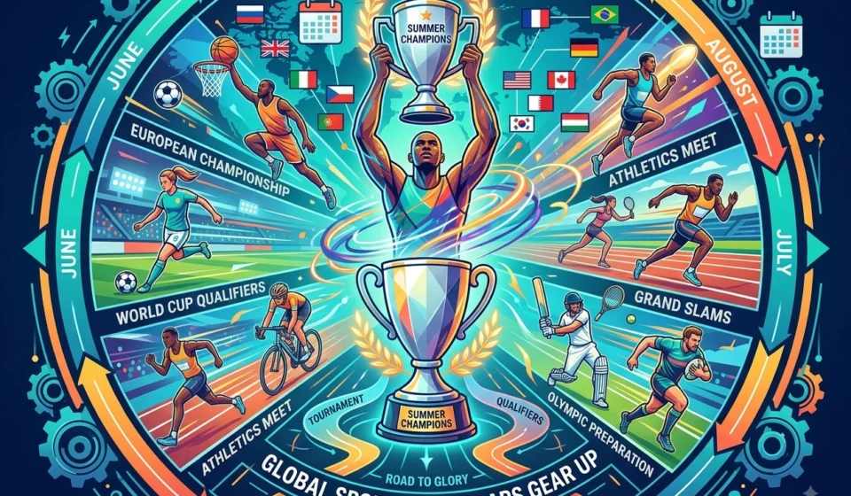 Global Sports Calendars Gear Up for Summer Champions & Tournament Qualifiers Illustration of global sports calendars with athletes, trophies, tournaments, qualifiers, and event.